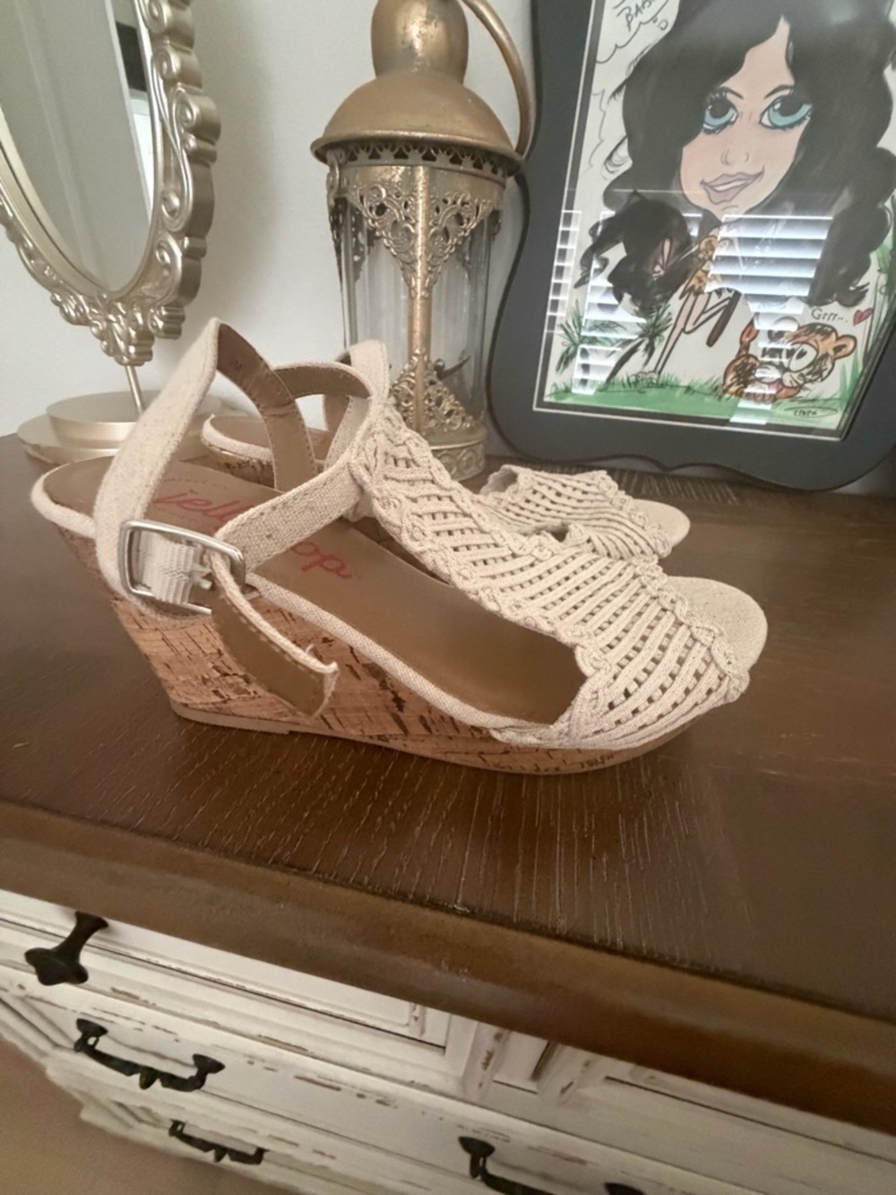 Jellypop Beige Crochet Cork Wedge Sandals